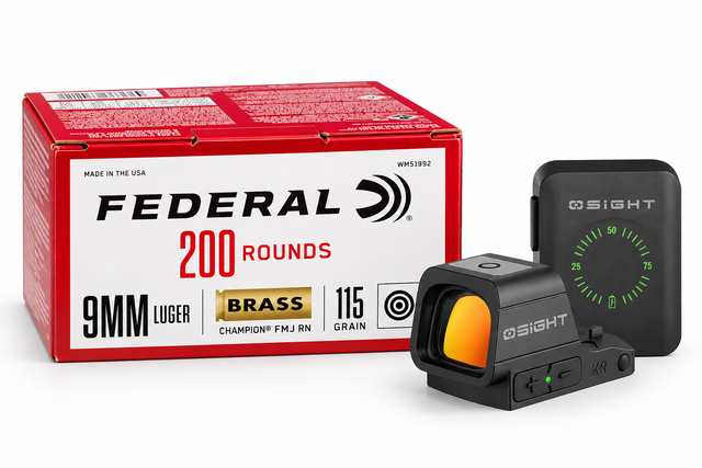 Federal Champ 9mm 115 (case) 1000ct + Osight XR Enclosed Red Dot Sight