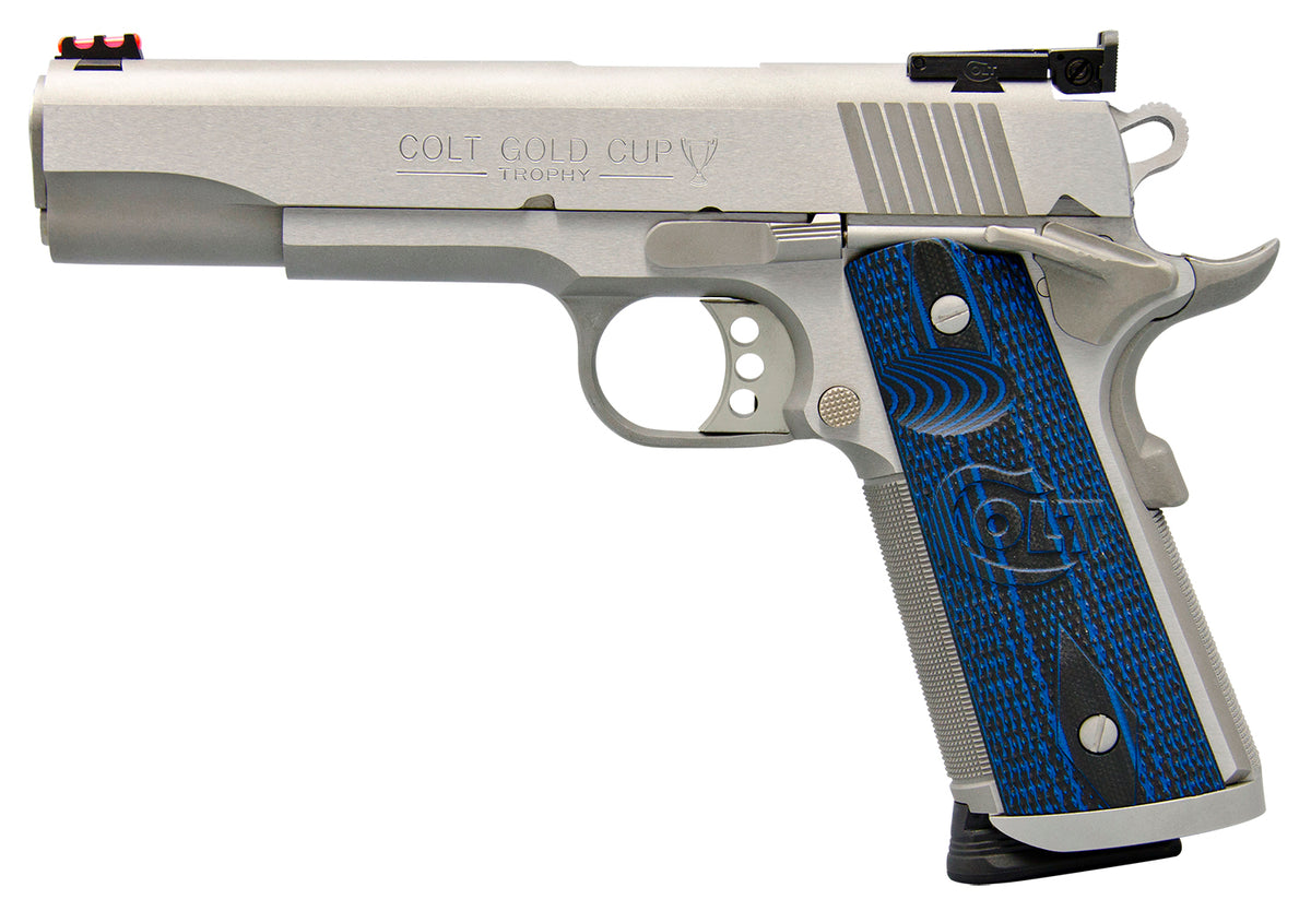 Colt Mfg O5073XE Gold Cup Trophy 38 Super 9+1 5" Stainless National Match Barrel, Stainless Steel Serrated Slide & Frame w/Beavertail, Blue Scalloped G10 Grip, Ambidextrous