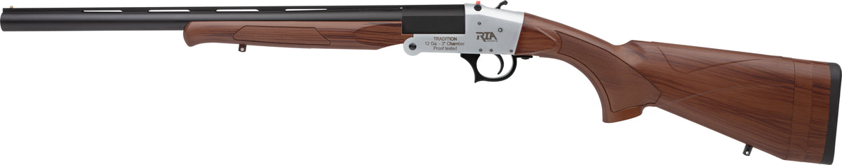 Rock Island TK113 Traditional Single Shot 12 Gauge with 20" Black Parkerized Barrel, 3" Chamber, 1rd Capacity, Silver Anodized Metal Finish & Woodgrain Synthetic Stock Right Hand (Full Size)