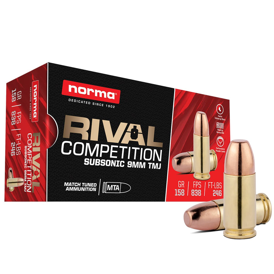 Norma 9mm Luger Rival 158gr TMJ Subsonic Ammo