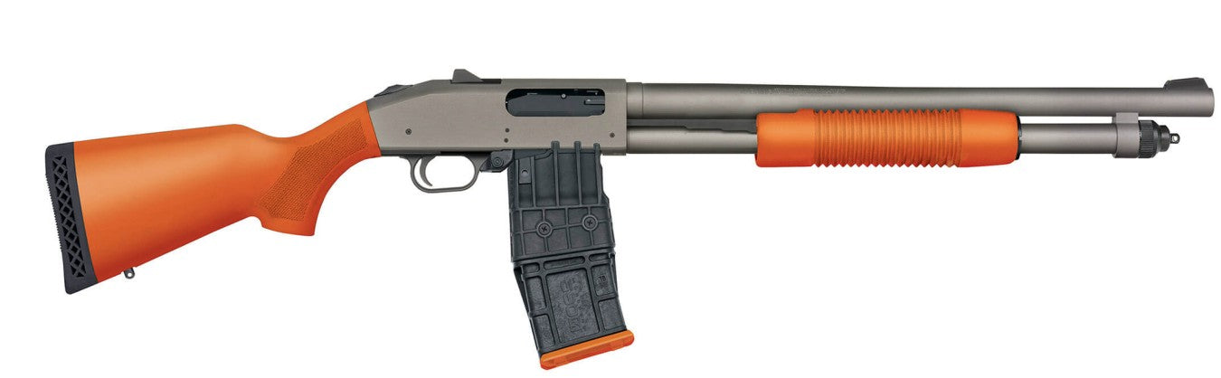 Mossberg 50220 590M 12 Gauge 10+1 18.50" Tungsten Gray Cerakote Barrel & Steel Drilled & Tapped Receiver, Magpul SGA Safety Orange Synthetic Stock