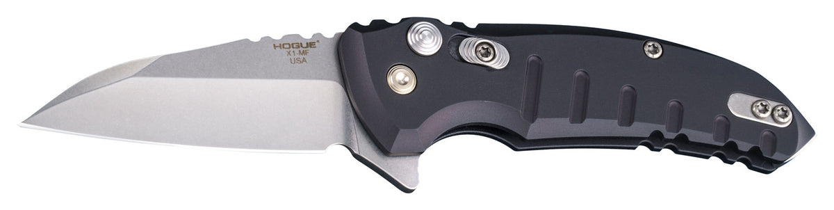 Hogue 24160 X1 MicroFlip 2.75" Folding Wharncliffe Plain Tumble Polish Tumble Polish CPM 154 SS Blade/Matte Black Anodized Aluminum Handle Includes Pocket Clip
