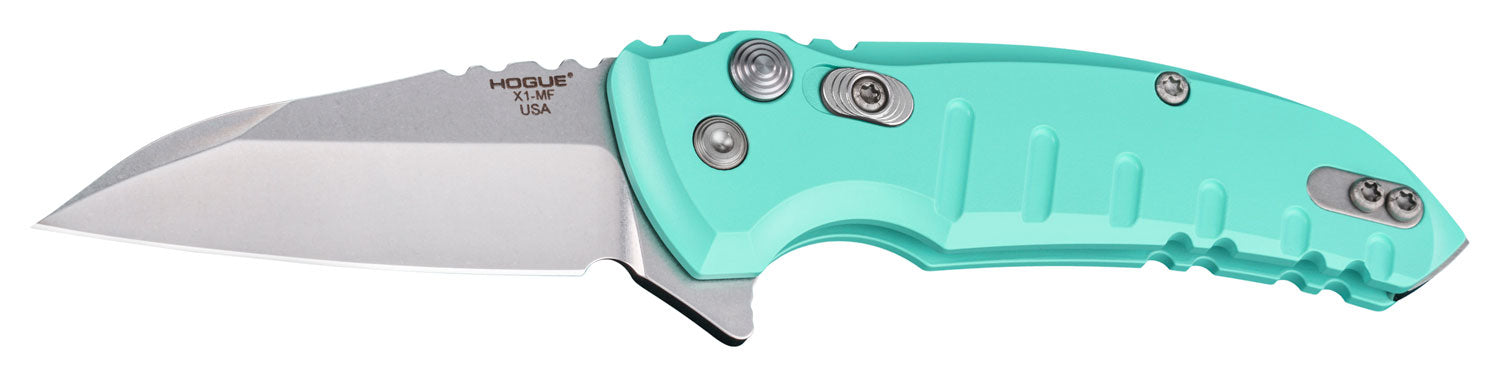 Hogue 24163 X1 MicroFlip 2.75" Folding Wharncliffe Plain Tumble Polish 154CM SS Blade/Aquamarine Anodized Aluminum Handle Includes Pocket Clip