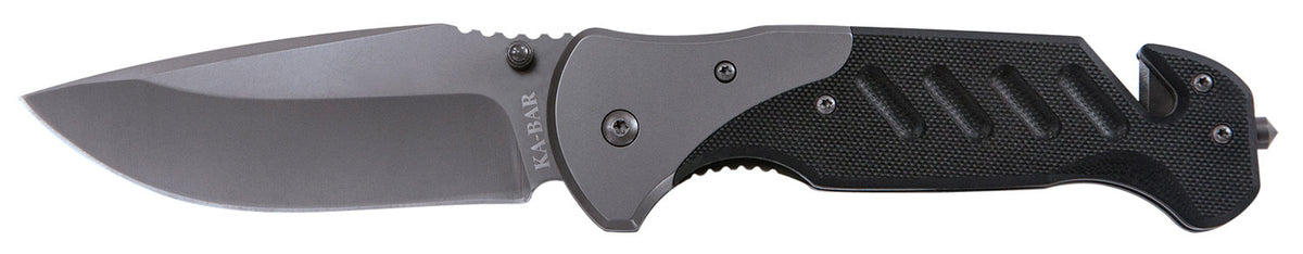 Ka-Bar 3085 Coypu 3.75" Folding Clip Point Plain Stonewashed 5Cr15MoV SS Blade, Black G10 Handle, Features Glass Breaker/Seat Belt Cutter