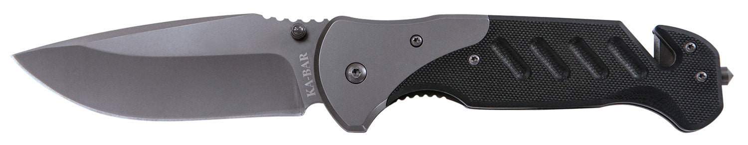 Ka-Bar 3085 Coypu 3.75" Folding Clip Point Plain Stonewashed 5Cr15MoV SS Blade, Black G10 Handle, Features Glass Breaker/Seat Belt Cutter