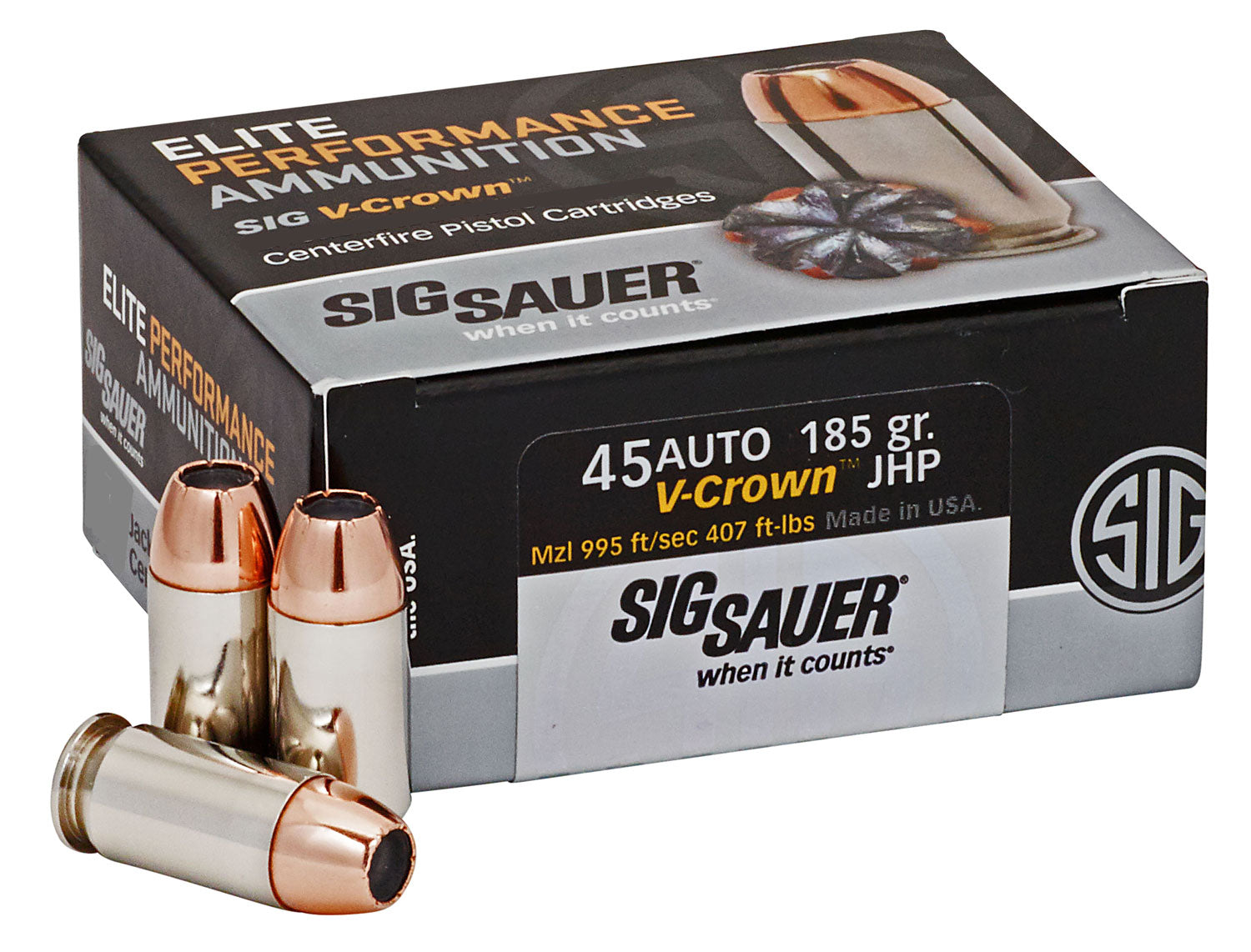 Sig Sauer .45 ACP Elite Performance 185gr V-Crown JHP Ammo