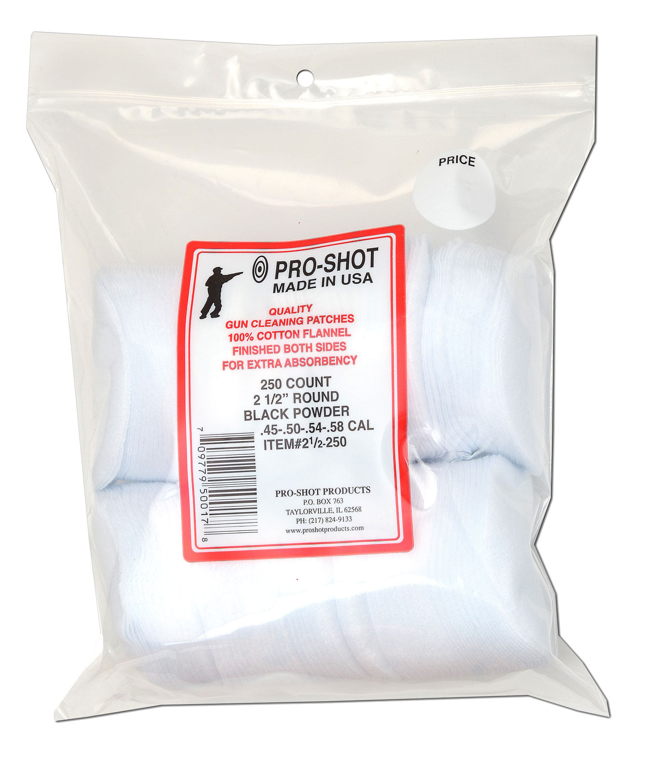 Pro-Shot 212250 Cleaning Patches .45 - .58 Cal 2.50" Round Cotton Flannel 250 Pack