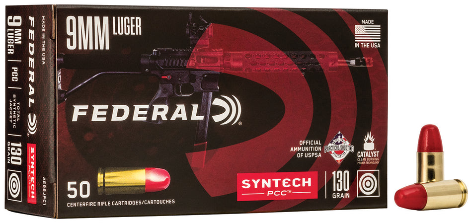 Federal 9mm Luger American Eagle Syntech PCC 130gr Syntech Jacket Flat Nose Ammo