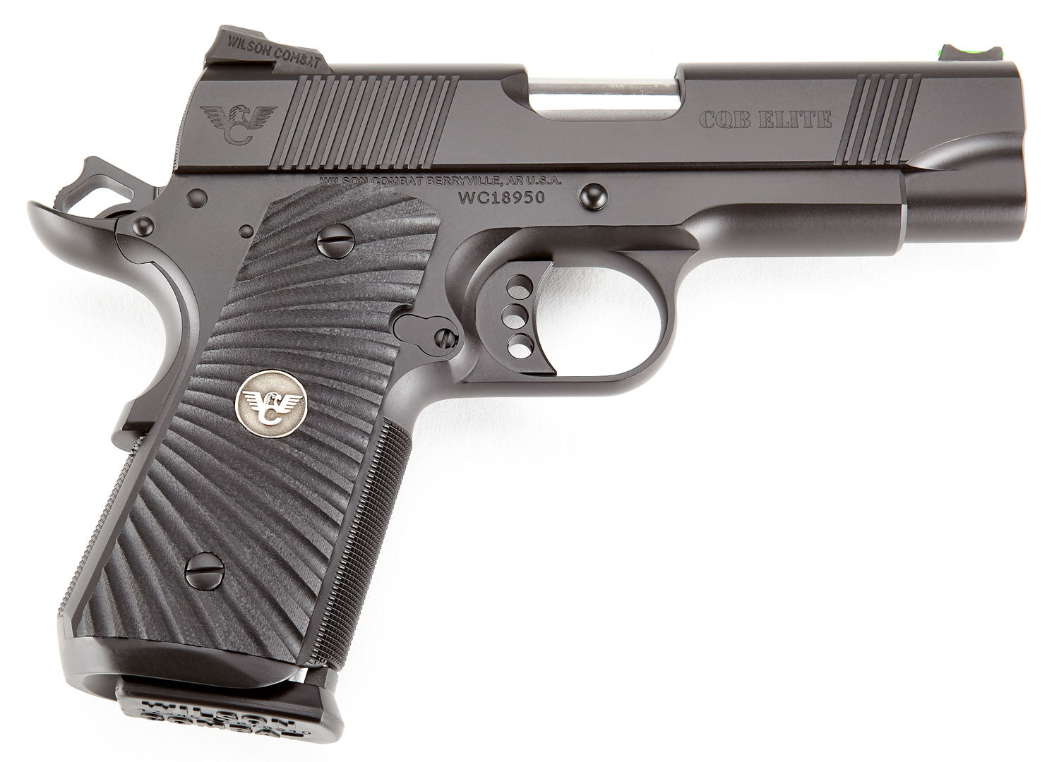 Wilson Combat CQBECP45 CQB Elite Compact Frame 45 ACP 7+1 4" Stainless Match Grade Barrel, Black Serrated Carbon Steel Slide, Black Armor-Tuff Carbon Steel w/Beavertail, Black G10 Starburst Grip