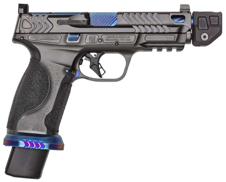 SMITH & WESSON M&P METAL 9 PC SPEC SERIES V, 9MM PISTOL 4.87", COMPENSATOR, GRY/BLUE 3-23RD MAGS