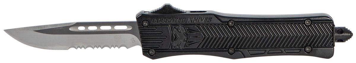 CobraTec Knives SBCTK1SDS CTK-1 Small 2.75" OTF Drop Point Part Serrated D2 Steel Blade/ Black Aluminum Handle Features Glass Breaker Includes Pocket Clip