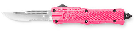 CobraTec Knives SPKCTK1SDS CTK-1 Small 2.75" OTF Drop Point Part Serrated D2 Steel Blade/ Pink Aluminum Handle Features Glass Breaker Includes Pocket Clip