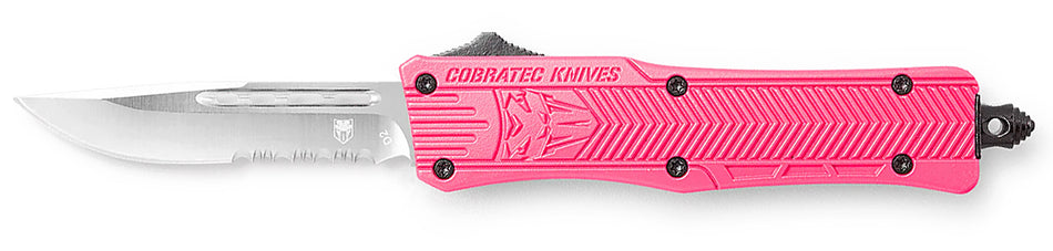 CobraTec Knives SPKCTK1SDS CTK-1 Small 2.75" OTF Drop Point Part Serrated D2 Steel Blade/ Pink Aluminum Handle Features Glass Breaker Includes Pocket Clip