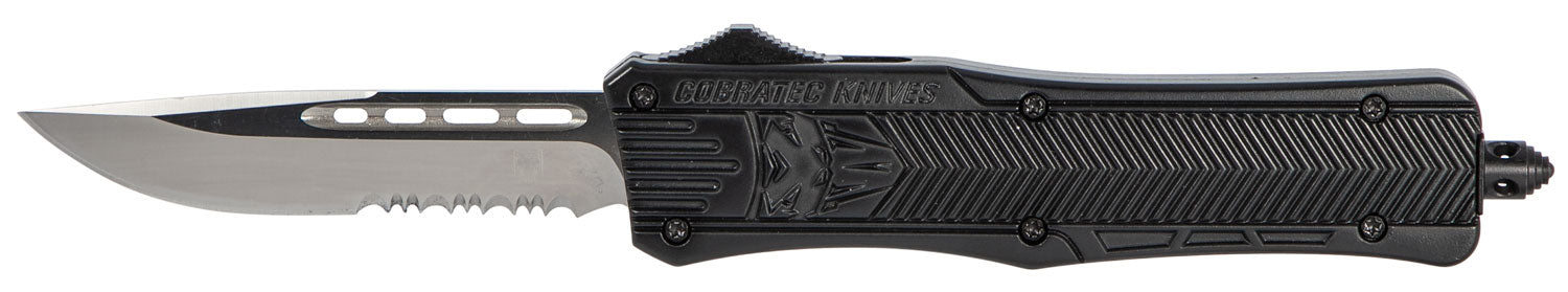 CobraTec Knives MBCTK1MDS CTK-1 Medium 3" OTF Drop Point Part Serrated D2 Steel Blade/Black Aluminum Handle Features Glass Breaker Includes Pocket Clip