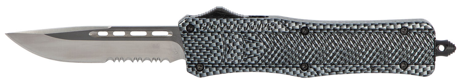 CobraTec Knives MSCFTK1MDS CTK-1 Medium 3" OTF Drop Point Part Serrated D2 Steel Blade/ Carbon Fiber Aluminum Handle Features Glass Breaker Includes Pocket Clip