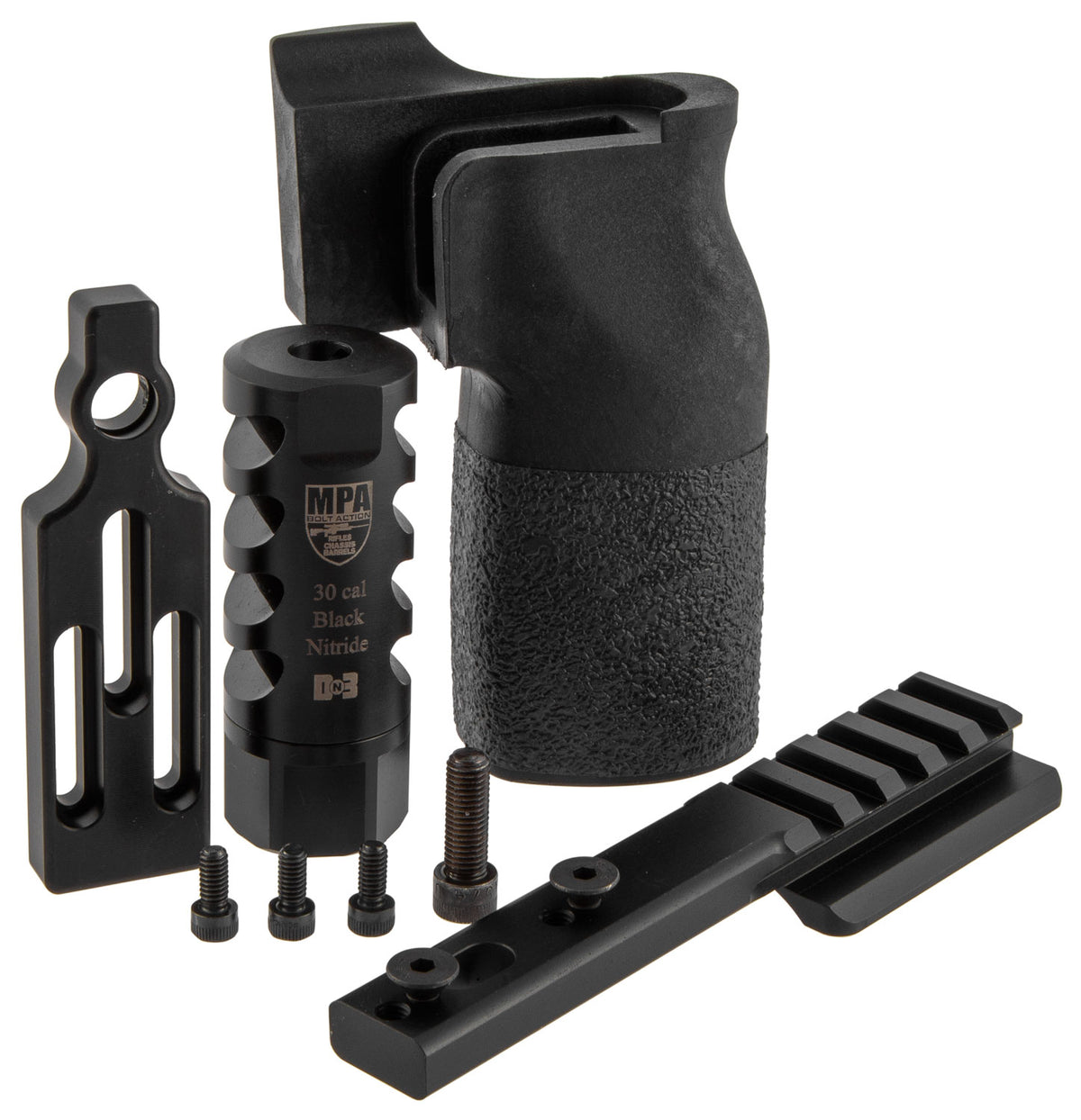 MasterPiece Arms 308PMRACCBUNDLE ACCBundle DN3 Muzzle Brake, Vertical Grip, V4 Spigot Mount & Bag Rider For 308 Win MasterPiece Arms PMR
