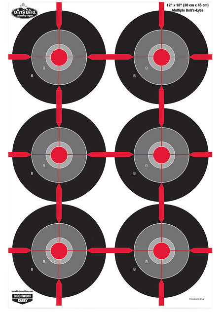 Birchwood Casey 35705 Dirty Bird Multiple Bullseye Tagboard Hanging Pistol 12" x 18" Black/Red/Gray White Impact Splatter 8 Per Pkg