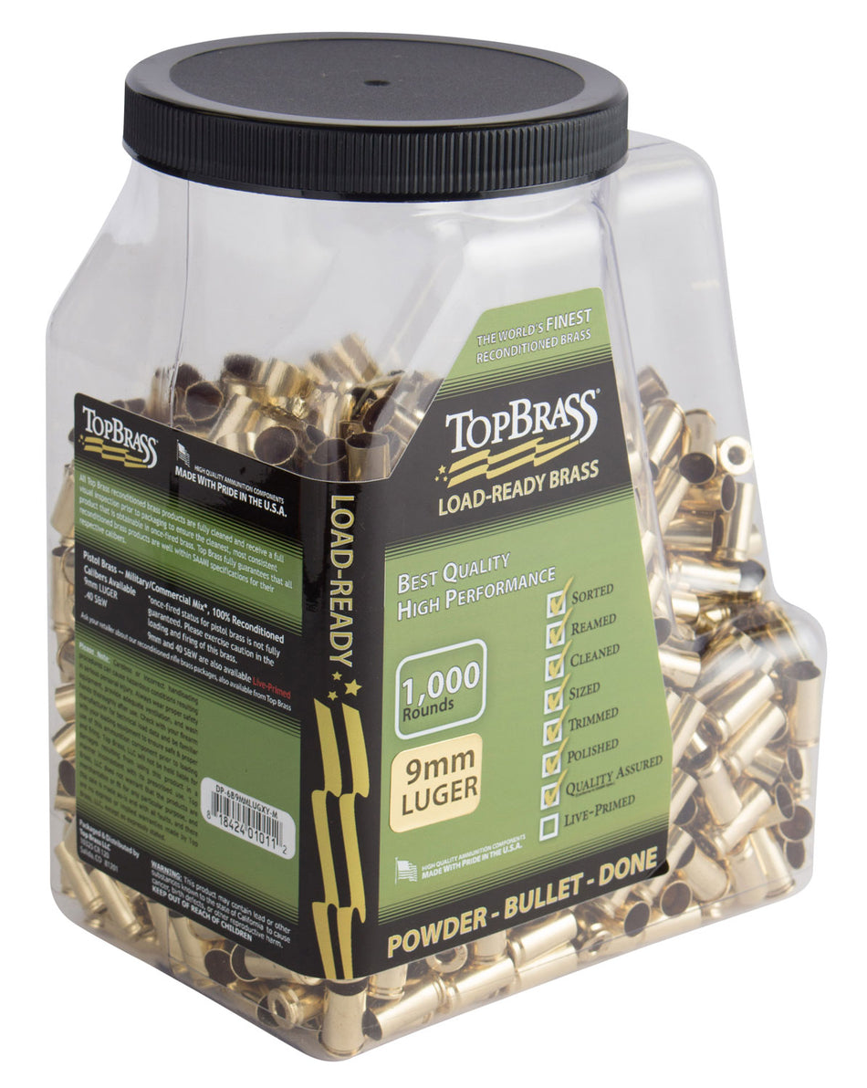 Top Brass 6B9MMLUGXYMJ Premium Reconditioned Unprimed Cases 9mmLuger Handgun Brass 1000/Jug