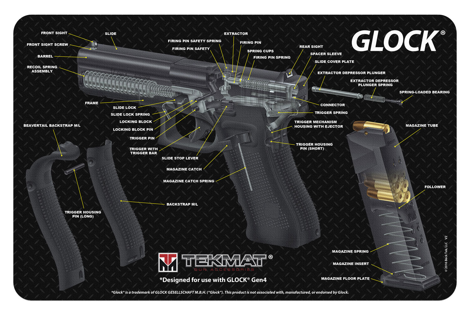 TekMat TEKR17GLOCKCA Cleaning Mat Multi-Color Rubber 11"x17" Glock 3D Cutaway