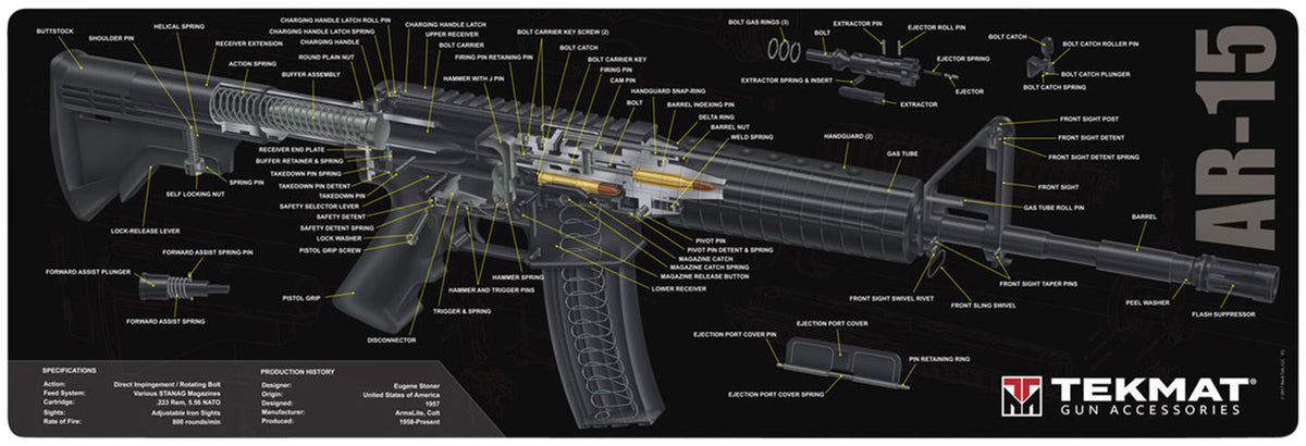 TekMat TEKR36AR15 Cleaning Mat Black/White Rubber 12"x36" AR-15 3D Cutaway