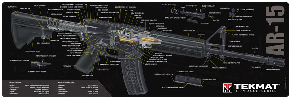 TekMat TEKR36AR15 Cleaning Mat Black/White Rubber 12"x36" AR-15 3D Cutaway