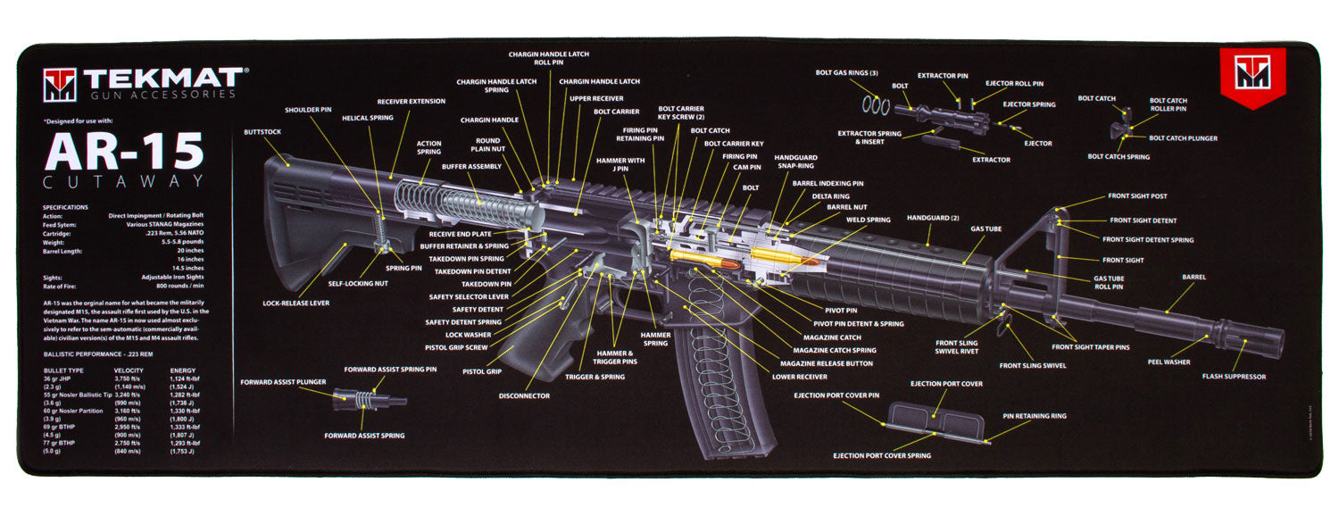 TekMat TEKR44AR15CA AR-15 Cleaning Mat Black/White Rubber 15"x44" AR-15 3D Cutaway Illustration