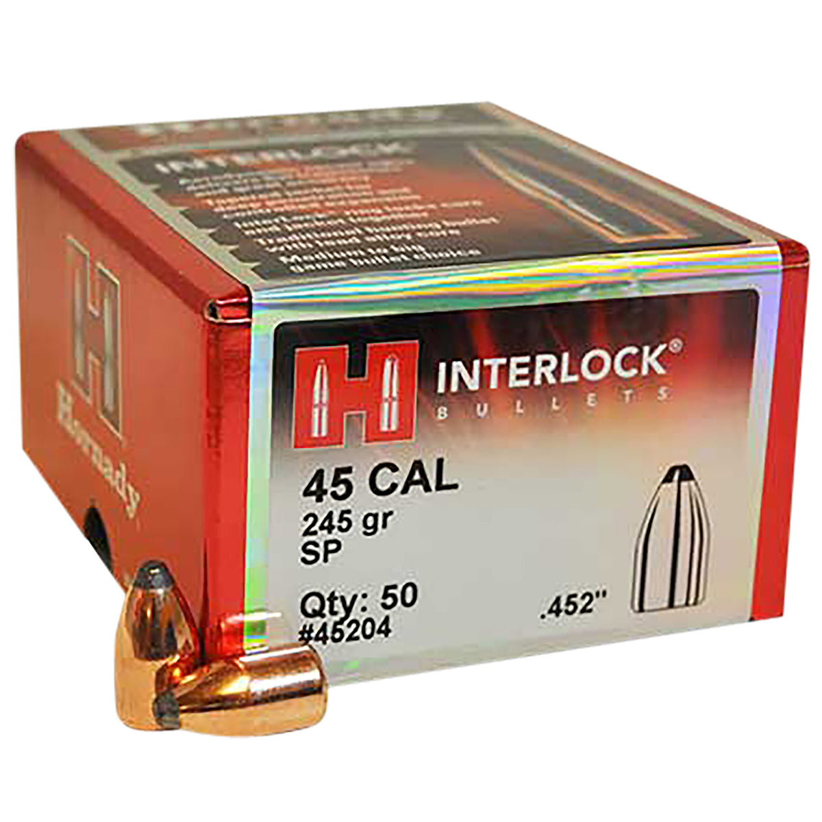 Hornady 45204 InterLock 45 Cal .452 245 gr Spire Point 50 Per Box/ 15 Case