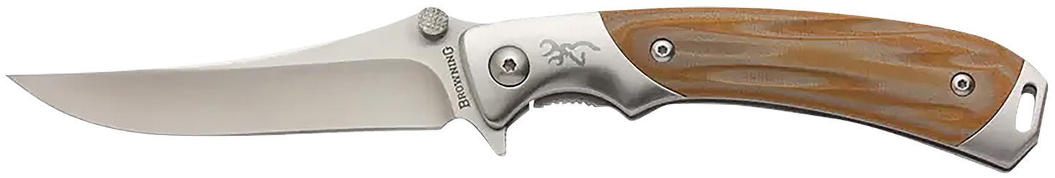Browning 3220330 Wicked Wing 3.50" Folding Trailing Point Plain Satin 7Cr17MoV SS Blade Amber/Satin G10/SS Handle Includes Pocket Clip