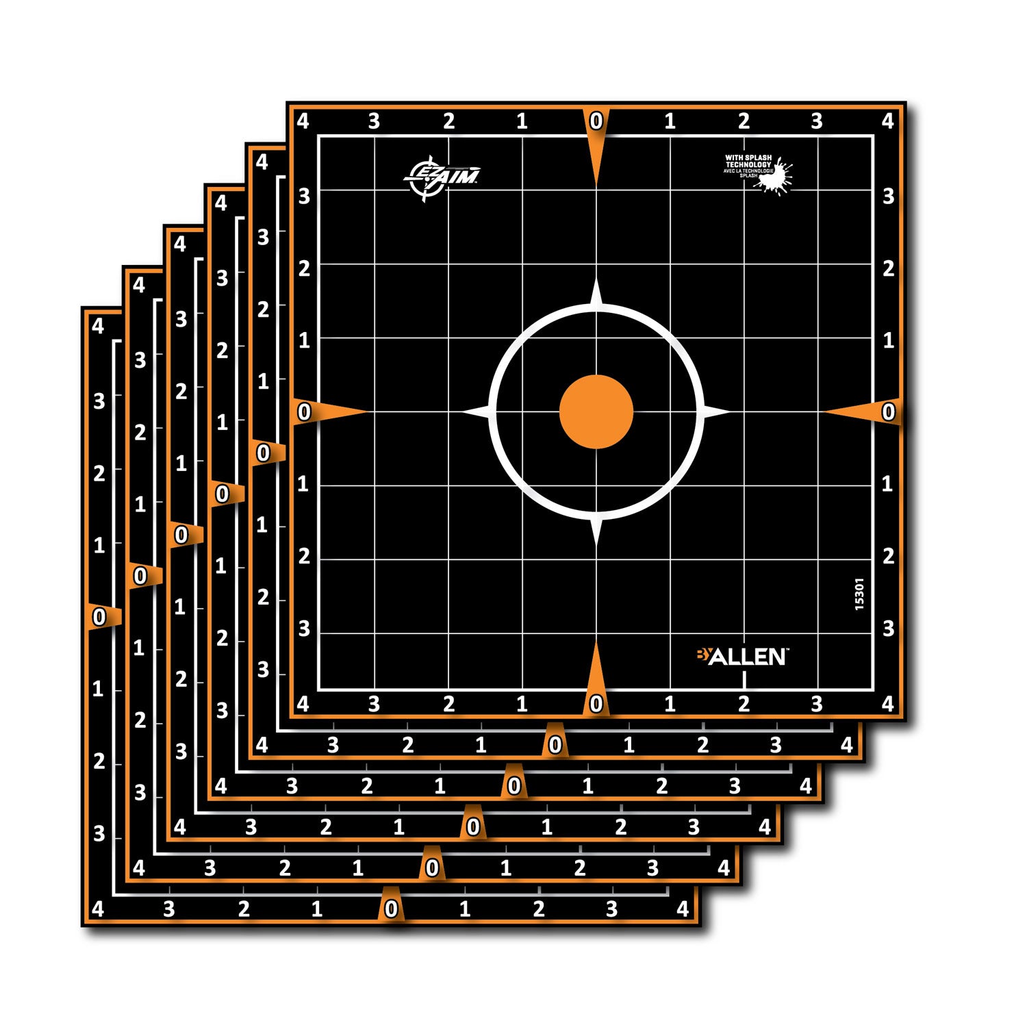 EZ-Aim 15301 Splash Reactive Self-Adhesive Paper Black/Orange 8" Sight-In Grid 6 Pack
