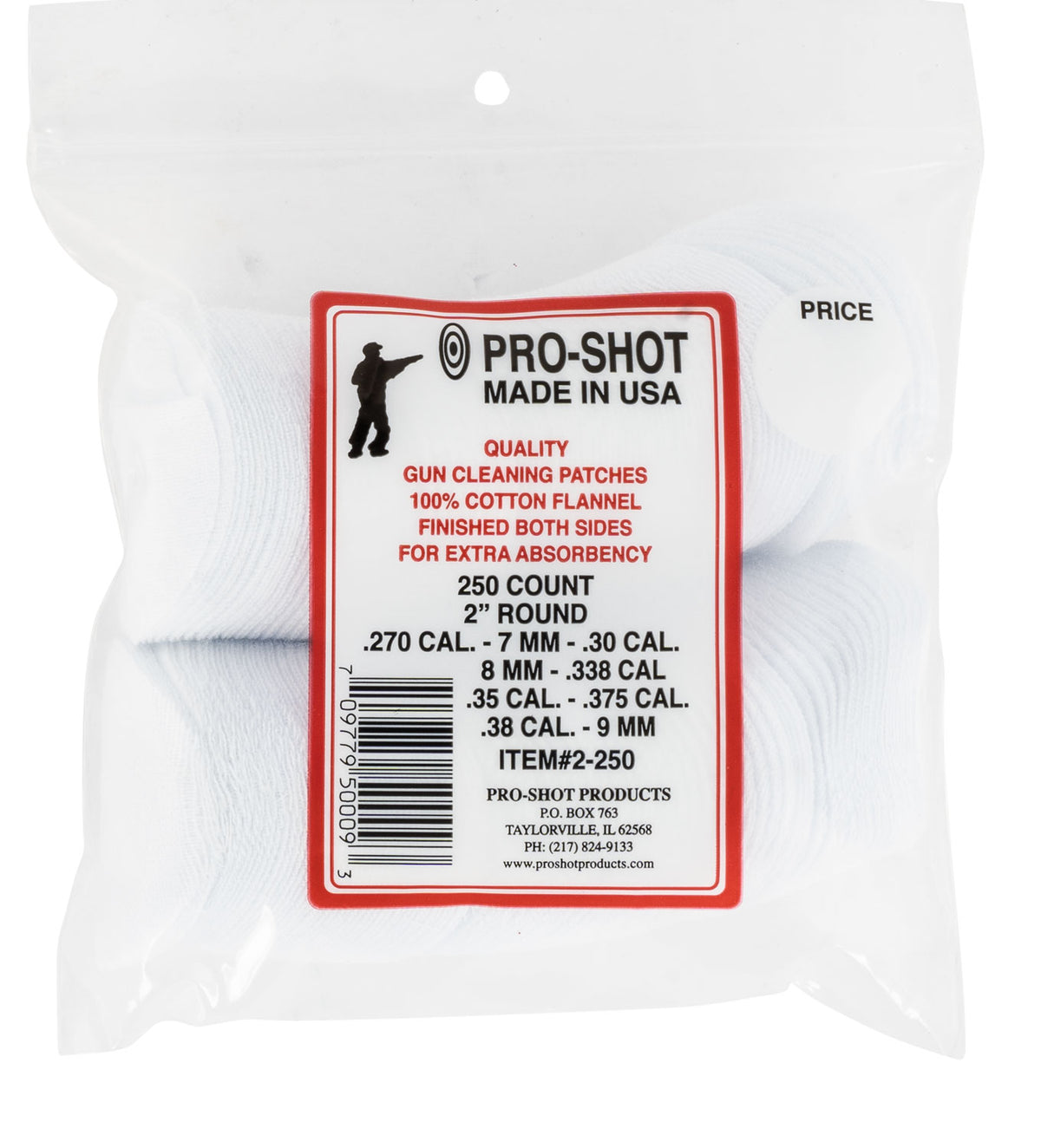Pro-Shot 2250 Cleaning Patches .270 - .38 Cal 2" Round Cotton Flannel 250 Pack