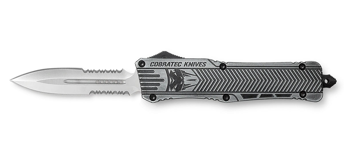 CobraTec Knives LSWCTK1LDG2SS CTK-1 Large 3.75" OTF Dagger Part Serrated D2 Steel Blade/ Stonewashed Aluminum Handle Features Glass Breaker Includes Pocket Clip