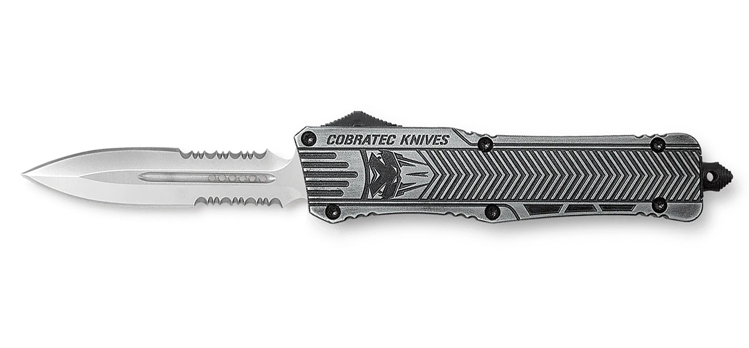 CobraTec Knives LSWCTK1LDG2SS CTK-1 Large 3.75" OTF Dagger Part Serrated D2 Steel Blade/ Stonewashed Aluminum Handle Features Glass Breaker Includes Pocket Clip