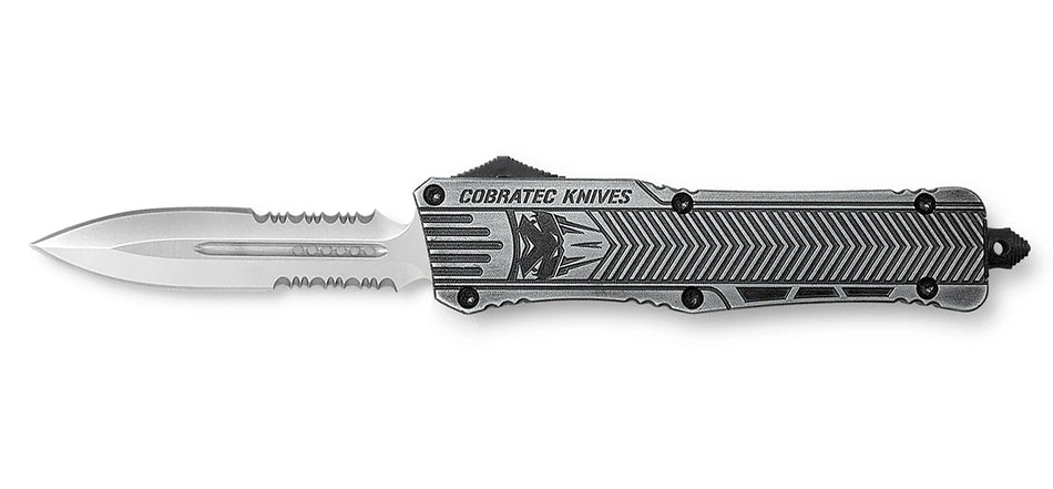 CobraTec Knives LSWCTK1LDG2SS CTK-1 Large 3.75" OTF Dagger Part Serrated D2 Steel Blade/ Stonewashed Aluminum Handle Features Glass Breaker Includes Pocket Clip