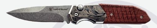 S&W KNIFE UNWAVERED AUTOMATIC 3.3" DROP POINT SATIN/WOOD