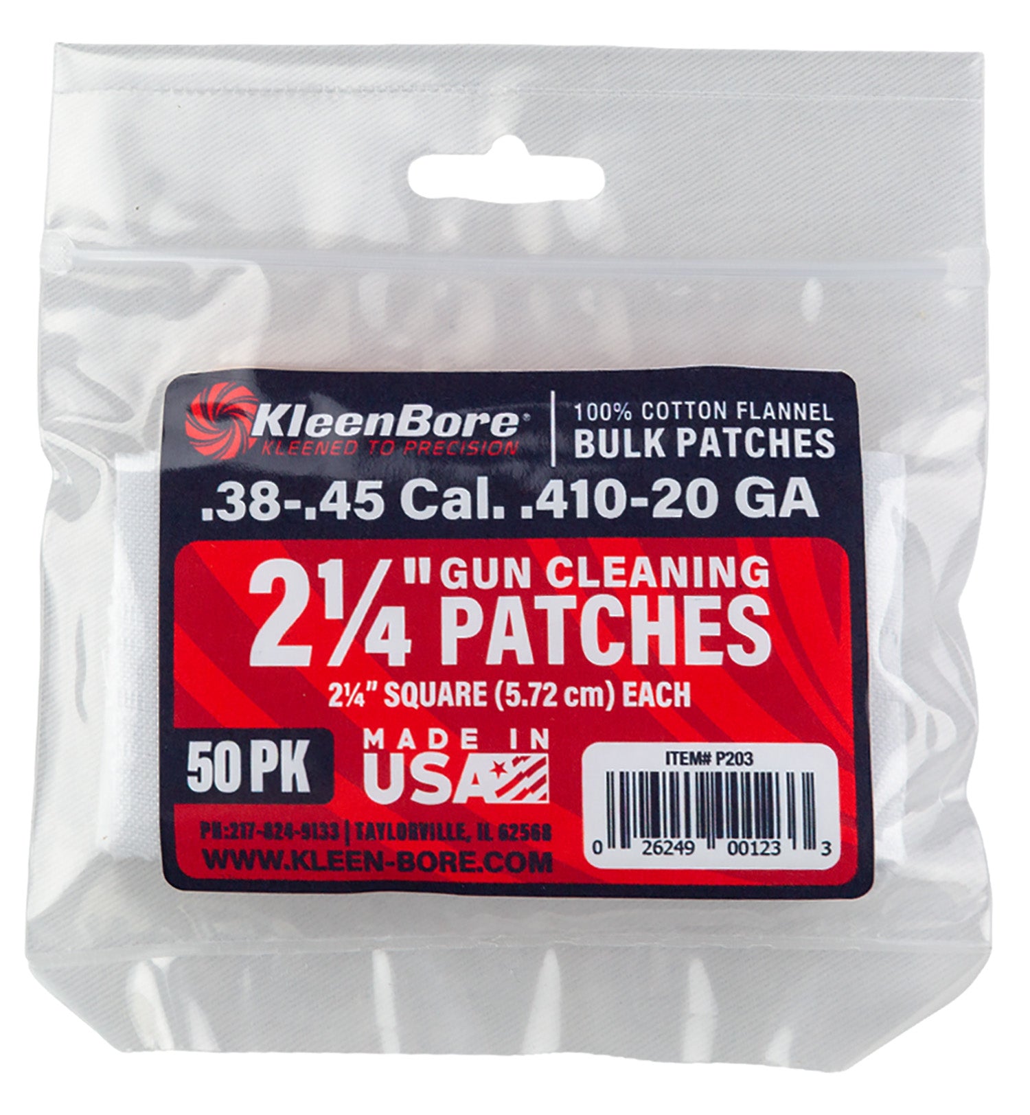 KleenBore P203 Super Shooter .38/ .45 Cal 20/.410 Gauge 2.25" 100% Cotton Flannel 50 Per Pack