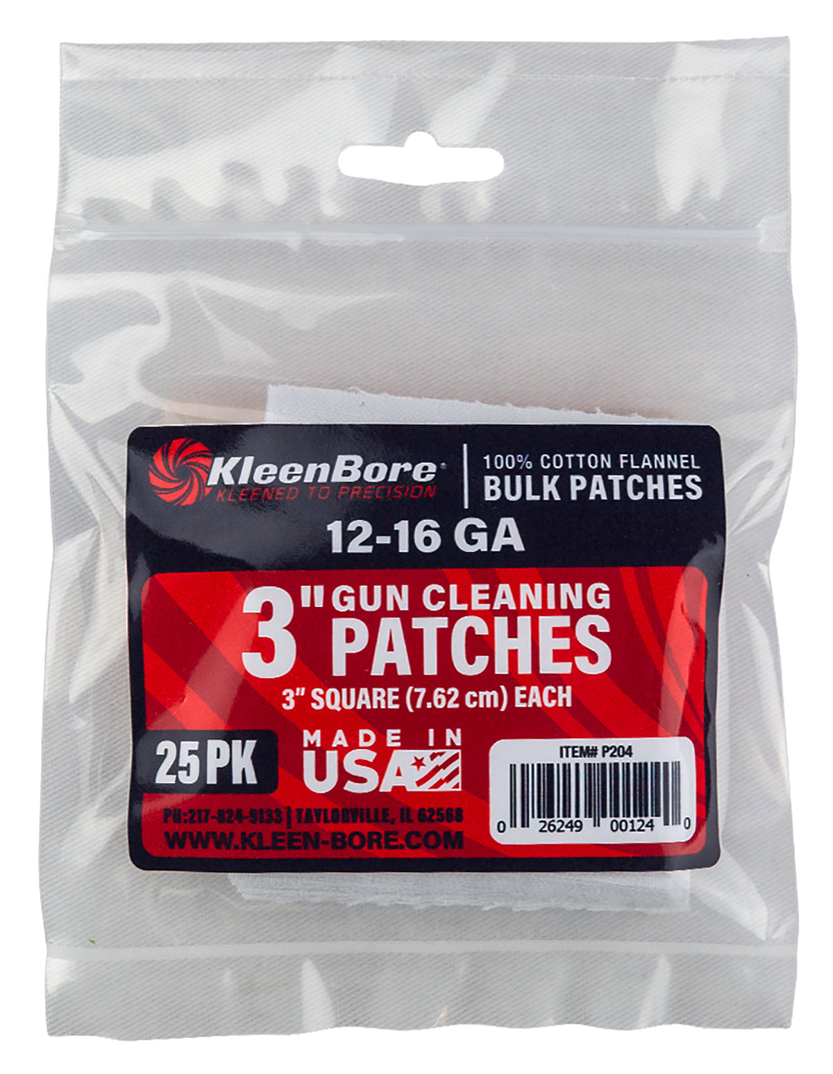 KleenBore P204 Super Shooter 12-16 Gauge Shotgun 3" 100% Cotton Flannel 25 Per Pack