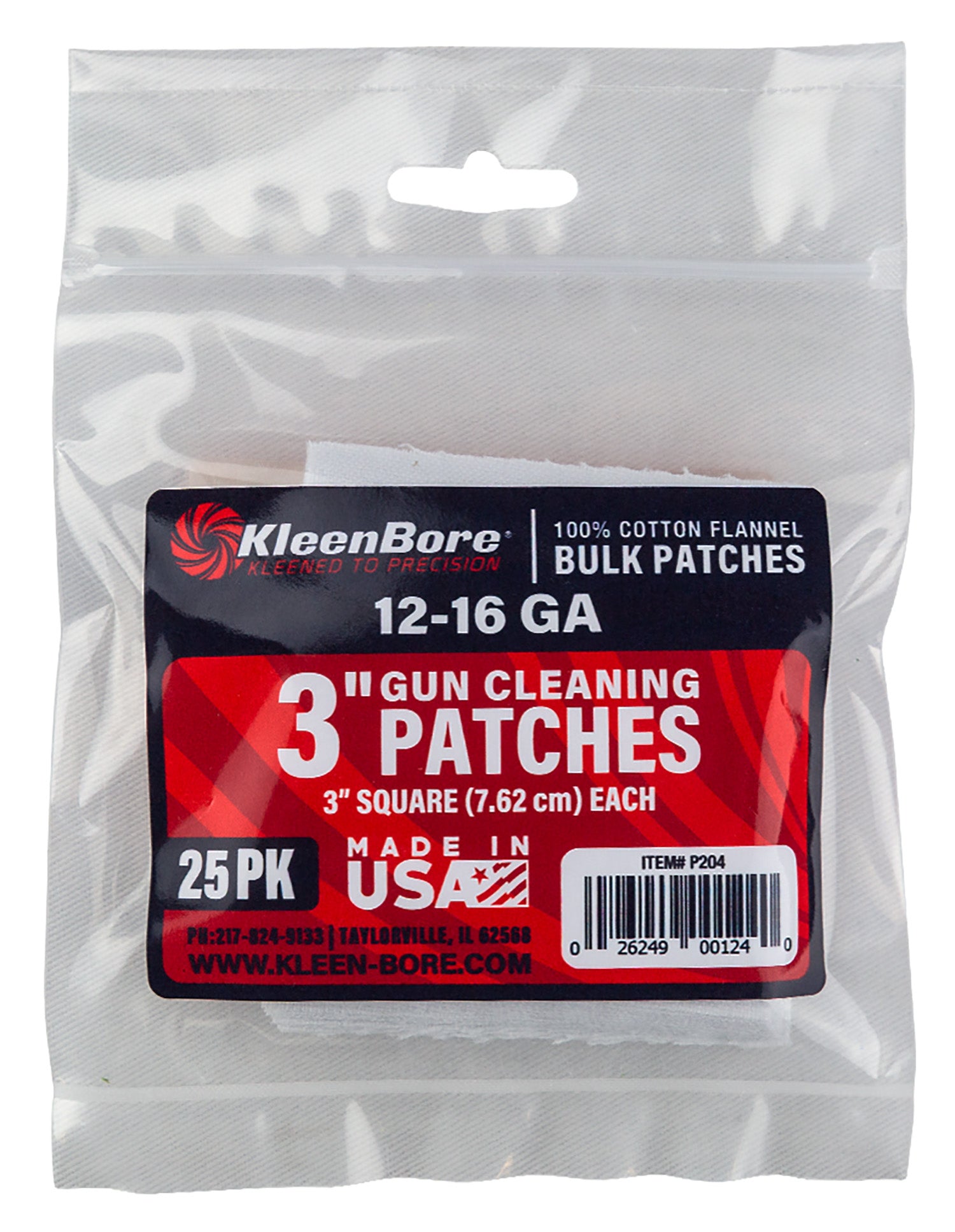 KleenBore P204 Super Shooter 12-16 Gauge Shotgun 3" 100% Cotton Flannel 25 Per Pack