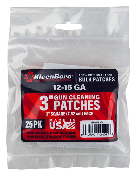 KleenBore P204 Super Shooter 12-16 Gauge Shotgun 3" 100% Cotton Flannel 25 Per Pack