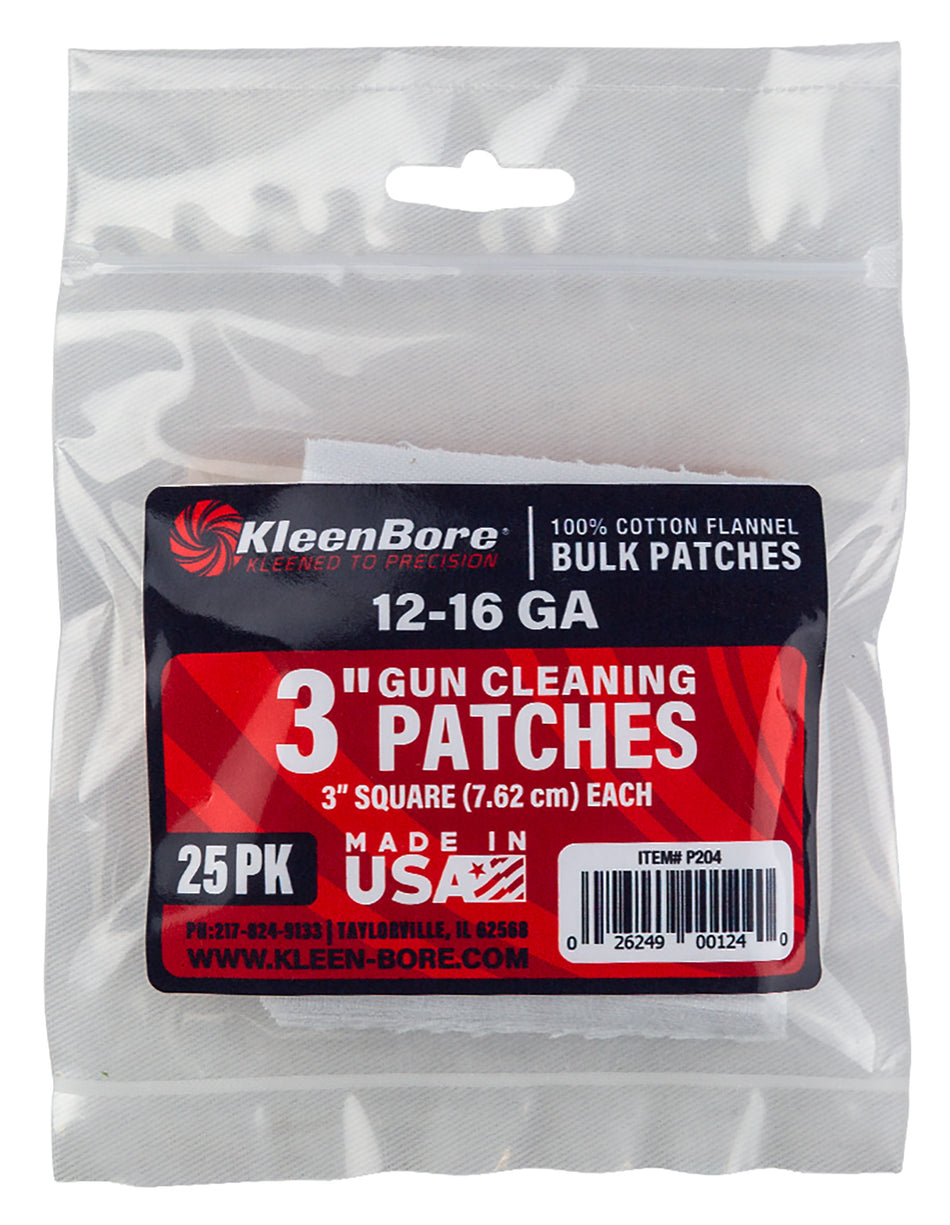 KleenBore P204 Super Shooter 12-16 Gauge Shotgun 3" 100% Cotton Flannel 25 Per Pack