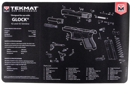 TekMat TEKR17GLOCK4243 Glock 42/43 Cleaning Mat Black/White Rubber 11"x17" Glock 42/43 Parts Diagram