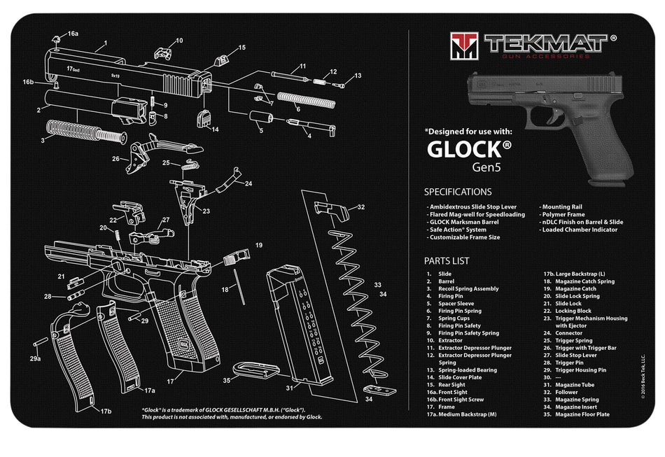 TekMat TEKR17GLOCKG5 Glock Gen5 Cleaning Mat Black/White Rubber 11"x17" Glock Gen5 Parts Diagram