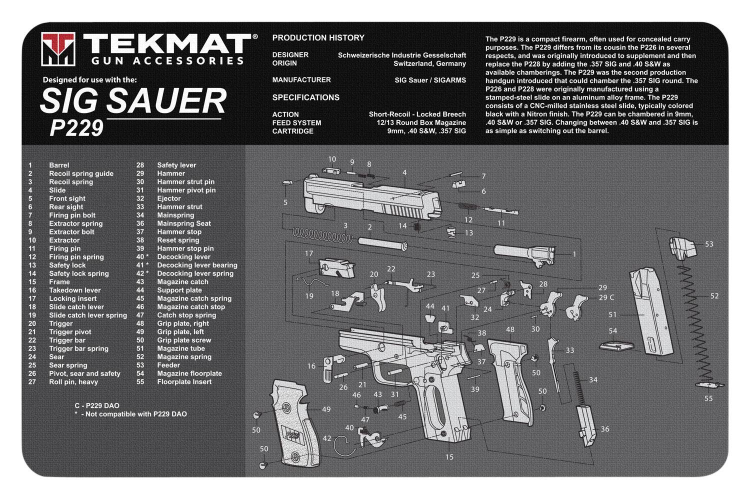 TekMat TEKR17SIGP229 Sig Sauer P229 Cleaning Mat Black/White Rubber 11"x17" Sig P229 Parts Diagram