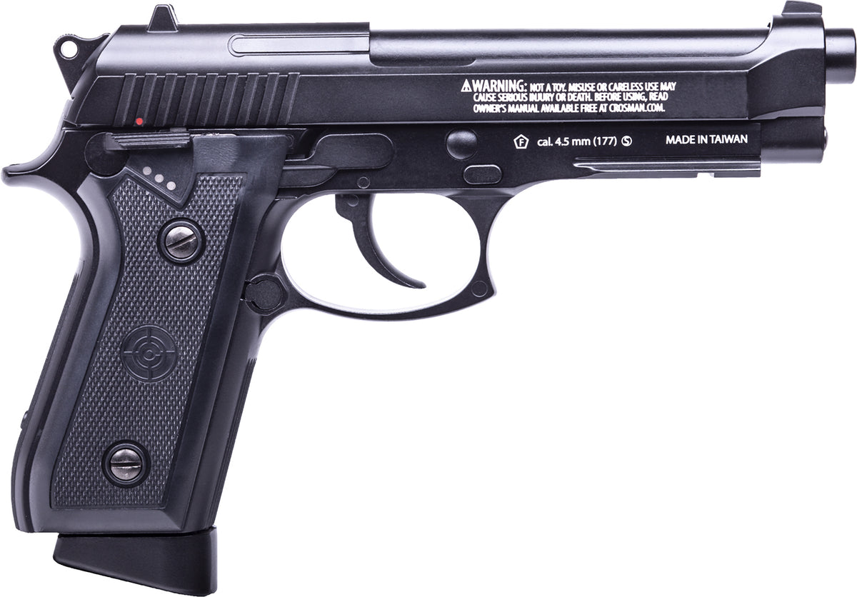 Crosman PFAM9B Full Auto Air Pistol CO2 177 BB 20rd Smooth Bore Brass Barrel, Blow Back Action, Fixed Front/Notched Rear Sights, Full Metal Frame, Black Polymer Grips, Selector Safety