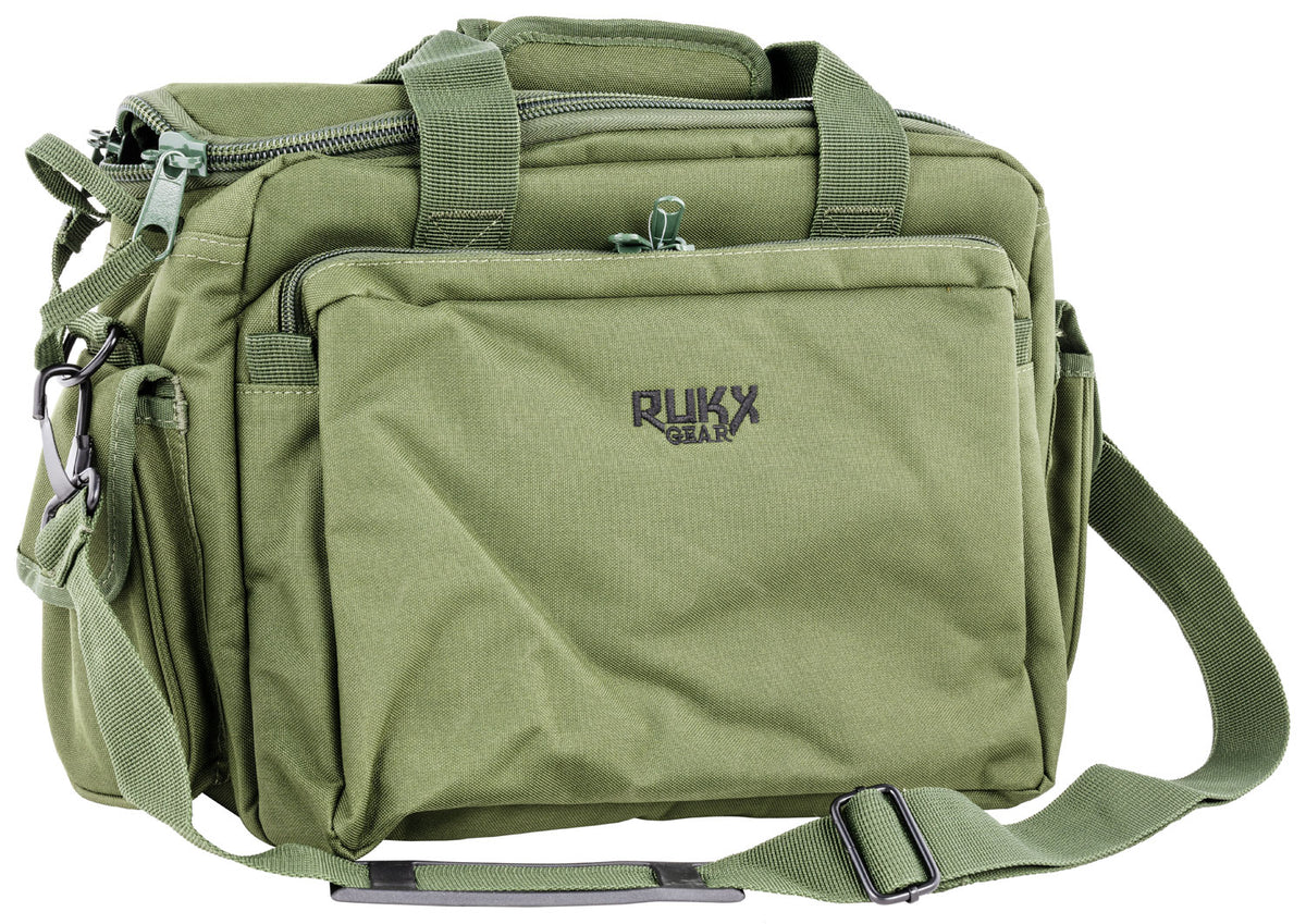 Rukx Gear ATICTRBG Tactical Range Bag Water Resistant Green 600D Polyester with Hidden Handgun Pocket, Mag & Ammo Storage, Non-Rust Zippers & Carry Handle 16" x 7.50" x 10.50" Interior Dimensions