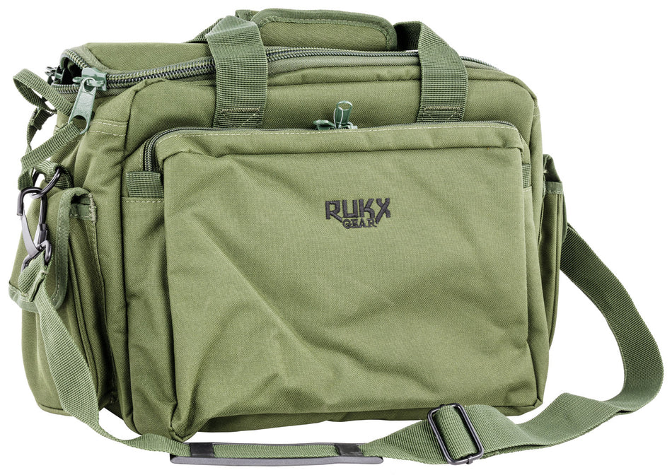 Rukx Gear ATICTRBG Tactical Range Bag Water Resistant Green 600D Polyester with Hidden Handgun Pocket, Mag & Ammo Storage, Non-Rust Zippers & Carry Handle 16" x 7.50" x 10.50" Interior Dimensions