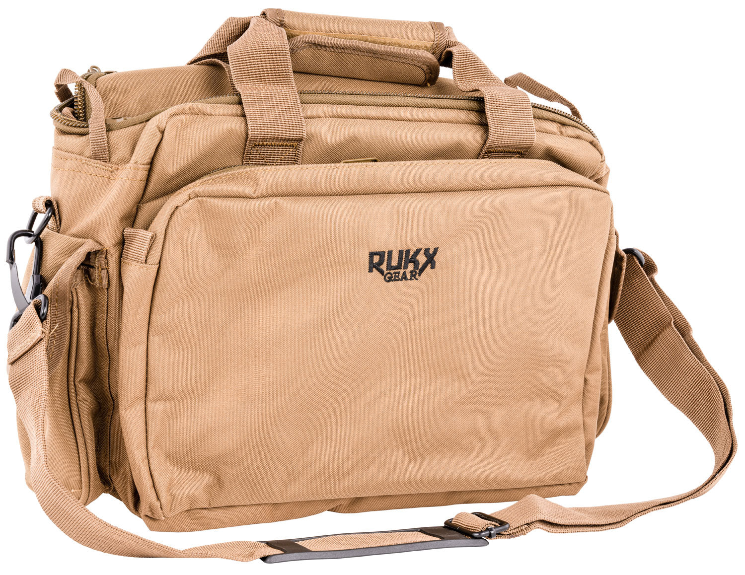 Rukx Gear ATICTRBT Tactical Range Bag Water Resistant Tan 600D Polyester with Hidden Handgun Pocket, Mag & Ammo Storage, Non-Rust Zippers & Carry Handle 16" x 7.50" x 10.50" Interior Dimensions