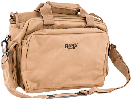 Rukx Gear ATICTRBT Tactical Range Bag Water Resistant Tan 600D Polyester with Hidden Handgun Pocket, Mag & Ammo Storage, Non-Rust Zippers & Carry Handle 16" x 7.50" x 10.50" Interior Dimensions