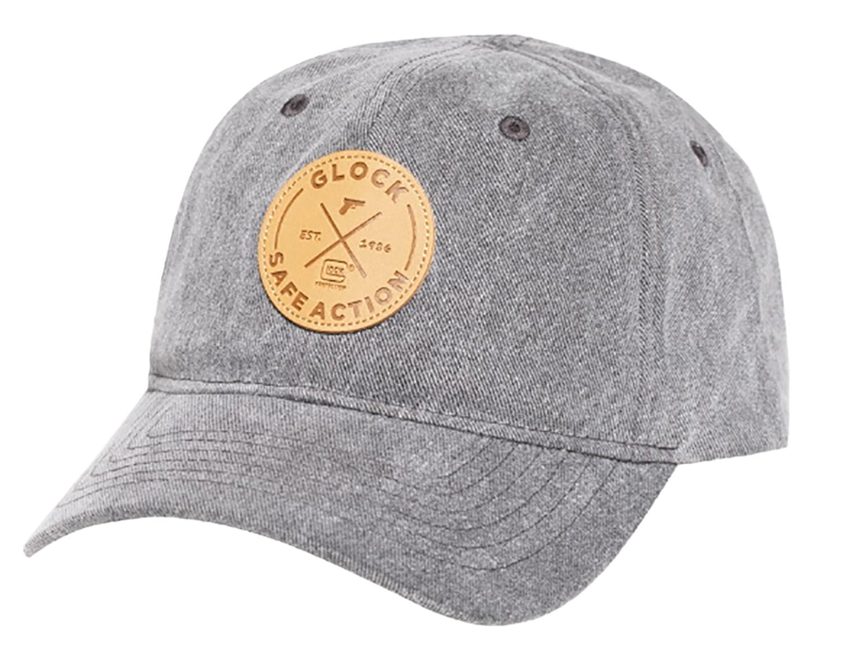 Glock AP95882 Safe Action Patch Hat, Distressed Gray Denim, Relaxed Fit w/Adjustable Metal Back, Leather-Like Glock Patch