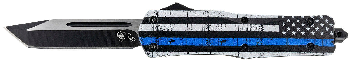 Templar Knife LBTB231 Gen II Back The Blue Large 3.50" OTF Tanto Plain Black Oxide Stonewashed 440C SS Blade, 5.25" Black & White w/Blue Line Aluminum Handle, Glass Breaker
