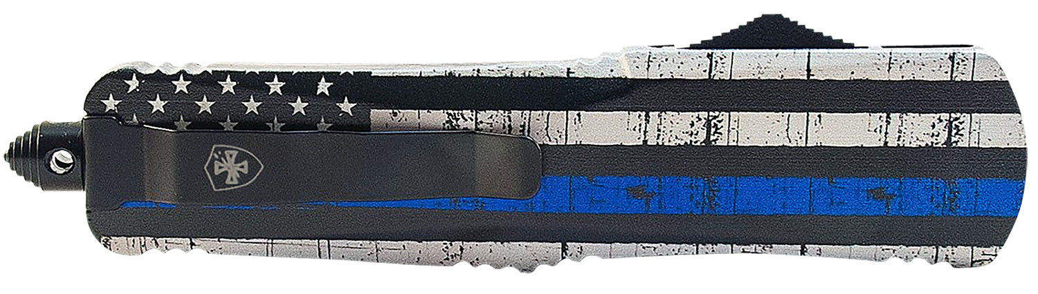 Templar Knife LBTB131 Gen II Back The Blue Large 3.50" OTF Dagger Plain Black Oxide Stonewashed 440C SS Blade, 5.25" Black & White w/Blue Line Aluminum Handle, Glass Breaker